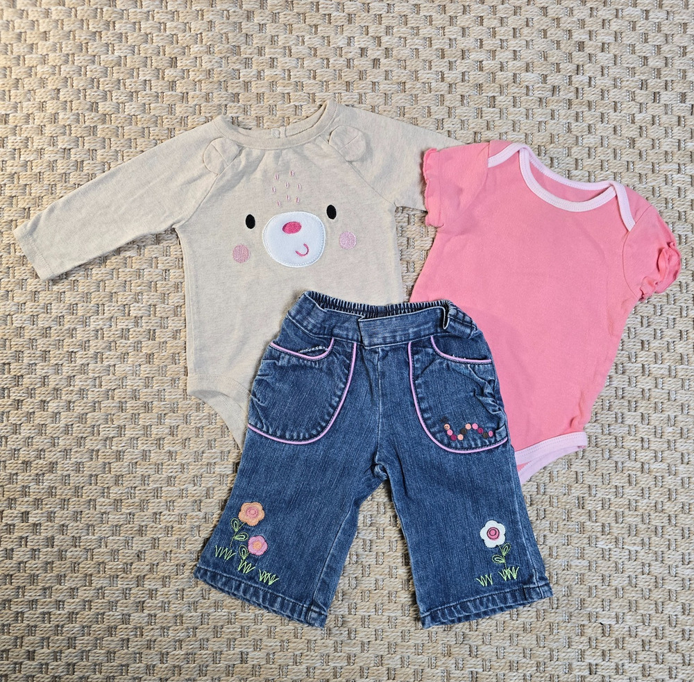Vintage Gymboree 3-6M Baby Girl Cute Bear Flower Jean Pink Fall Winter Outfit
